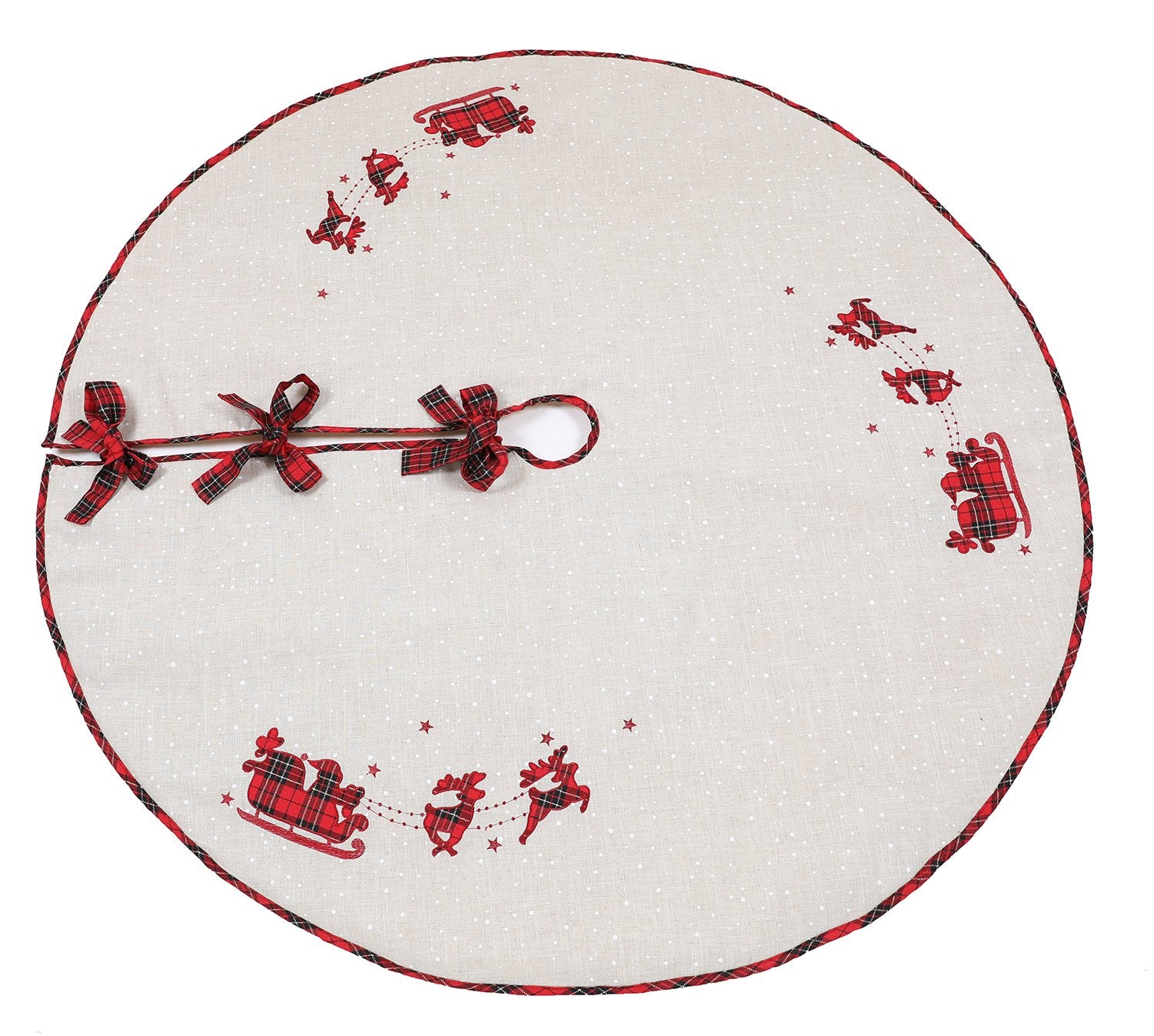 XD19881-Applique Tartan Santa Sleigh With Reindeers Christmas Tree Skirt 56 Inch Round, Jute