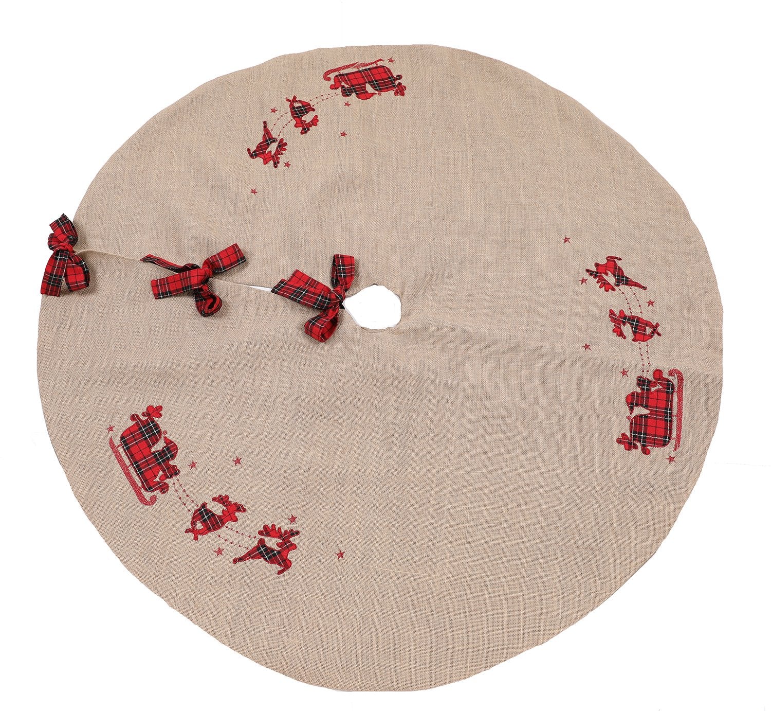 XD19881-Applique Tartan Santa Sleigh With Reindeers Christmas Tree Skirt 56 Inch Round, Jute