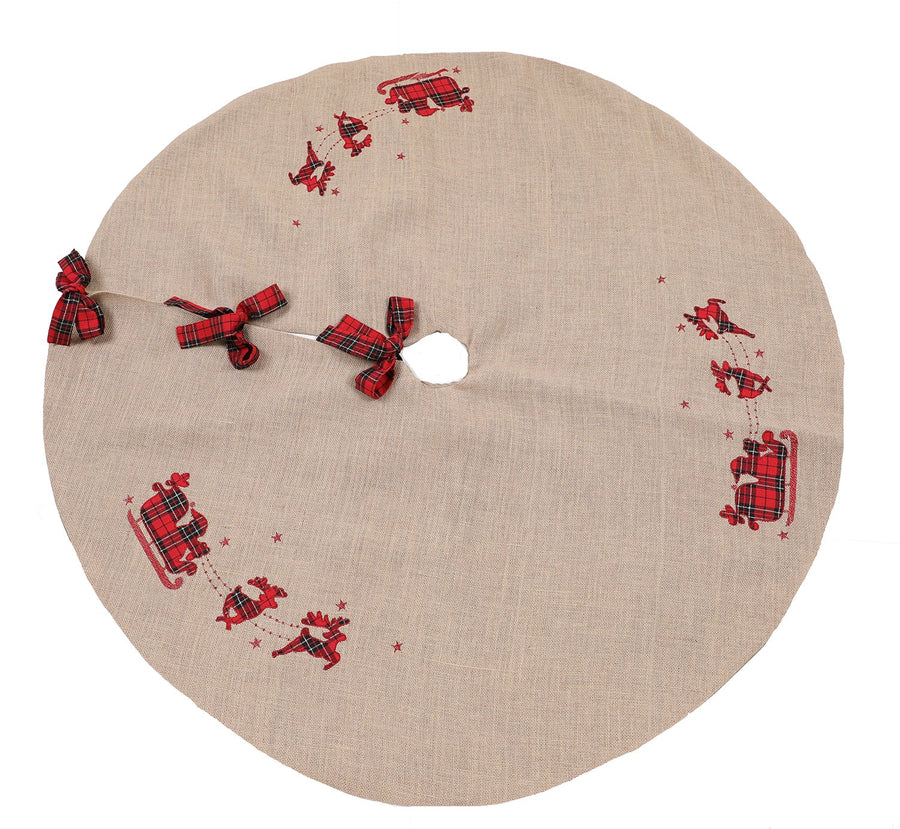 XD19881-Applique Tartan Santa Sleigh With Reindeers Christmas Tree Skirt 56 Inch Round, Jute