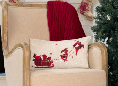 Applique Tartan Santa Sleigh With Reindeers Christmas Pillow, 12"x20"