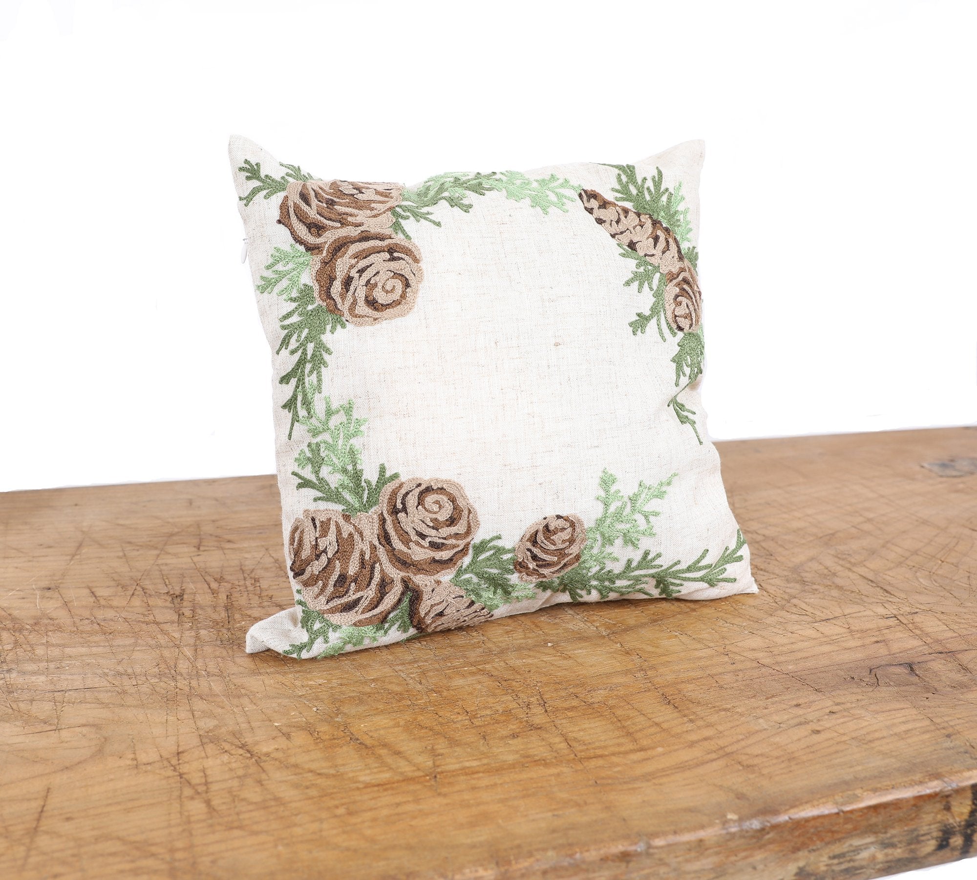 XD19882-Winter Pine Cones & Branches Crewel Embroidered Pillow 14 by 14-Inch