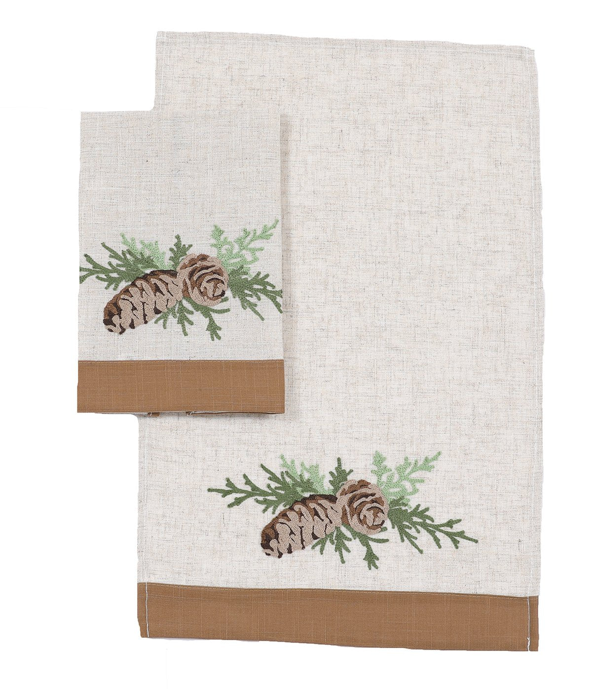 XD19882-Winter Pine Cones & Branches Crewel Embroidered Decorative Towels 14 by 22-Inch, Set of 2