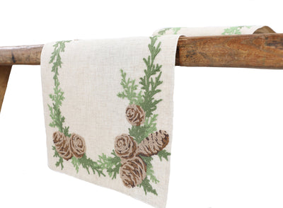 XD19882-Winter Pine Cones & Branches Crewel Embroidered Table Runner 16 by 36-Inch