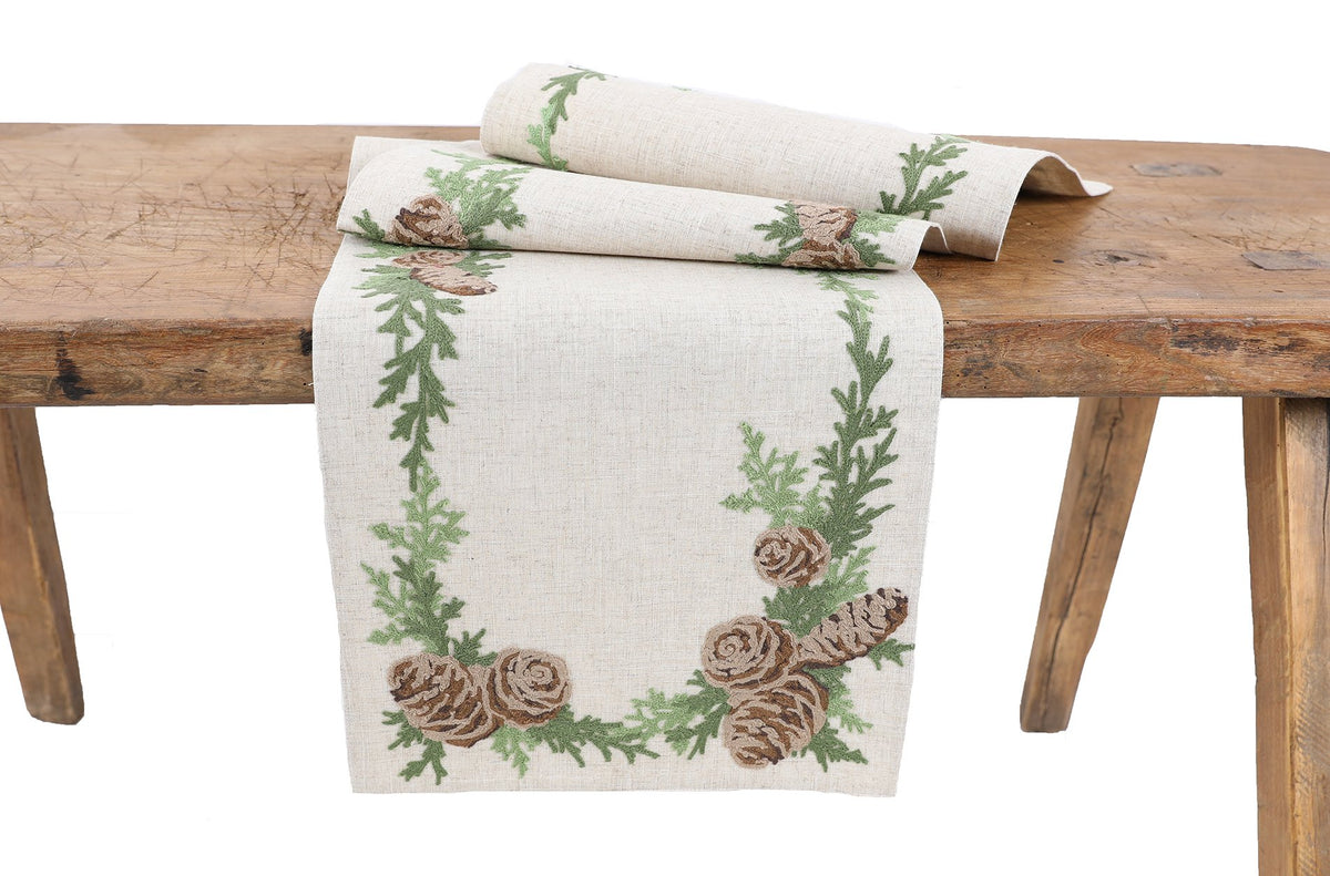XD19882 Winter Pine Cones Christmas Table Runner 16x36 Linen Blend
