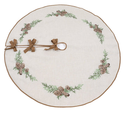 XD19882-Winter Pine Cones & Branches Crewel Embroidered Tree Skirt 56 Inch Round, Jute