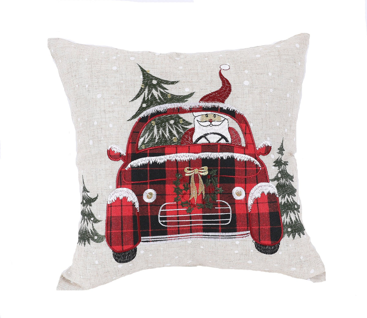 XD19884 Tartan Santa Car Christmas Pillow 14x14 Linen Blend
