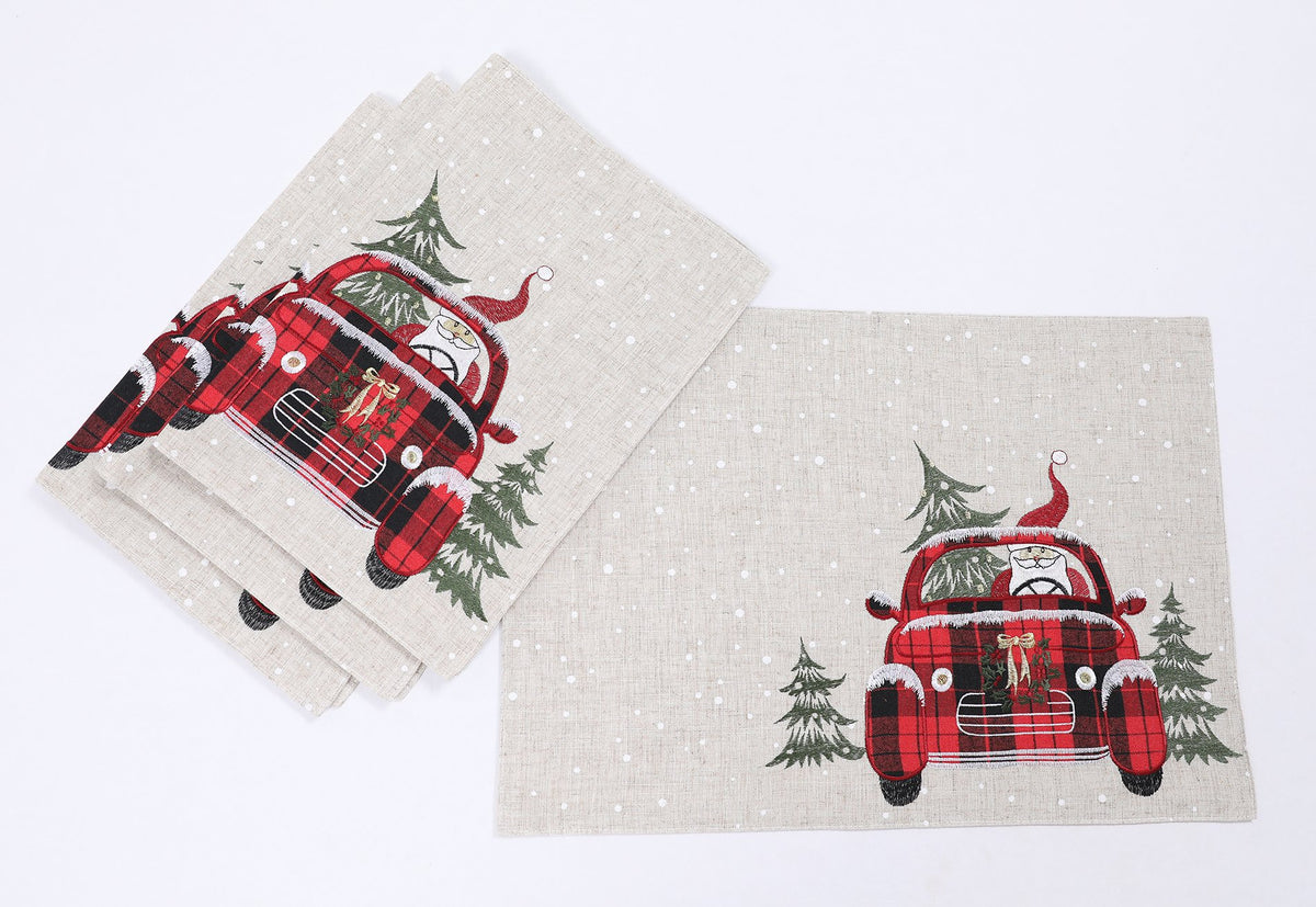 XD19884 Tartan Santa Car Christmas Placemats Set of 4 14x20 Linen Blend