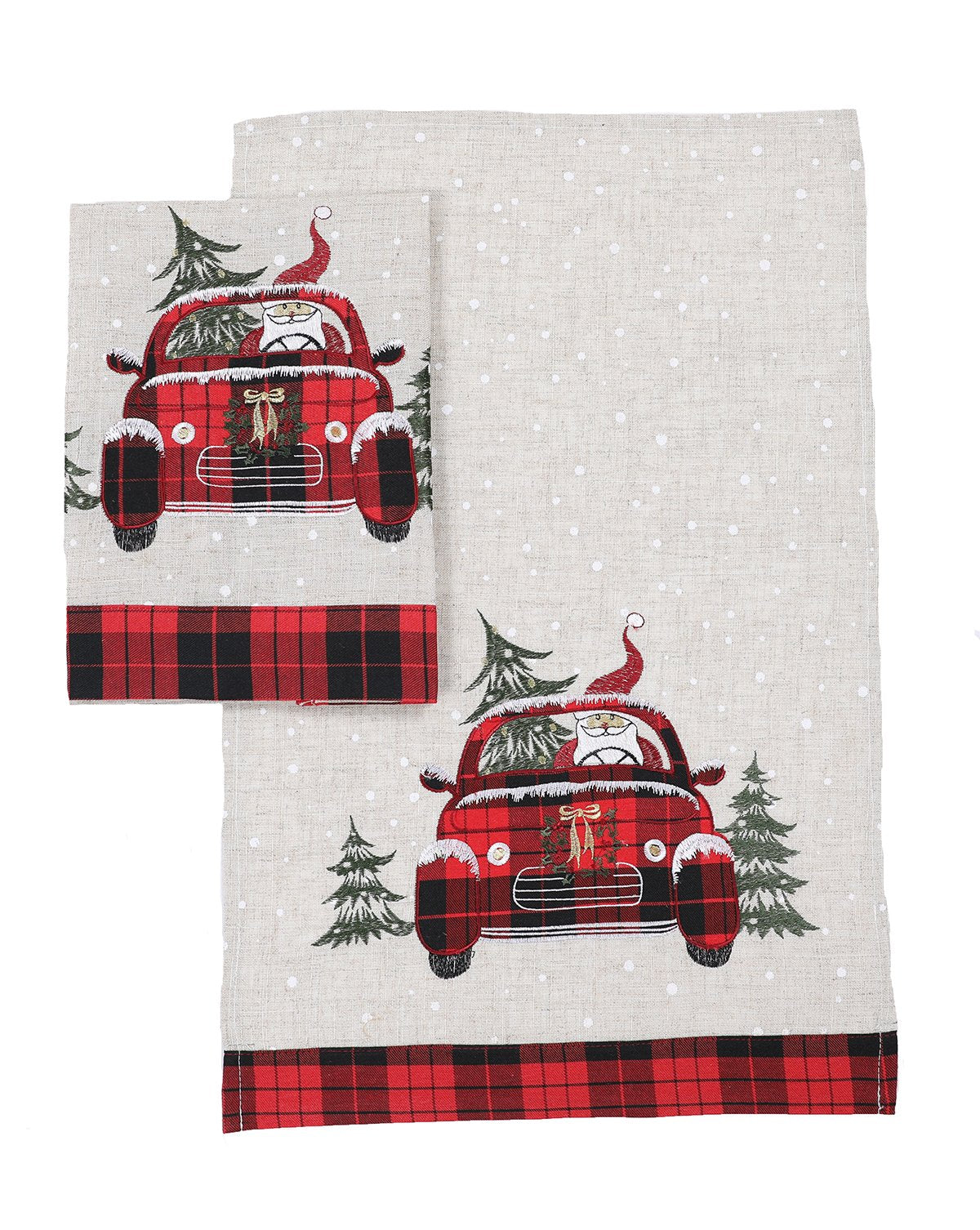XD19884 Tartan Santa Car Christmas Tea Towels Set of 2 14x22 Linen Blend