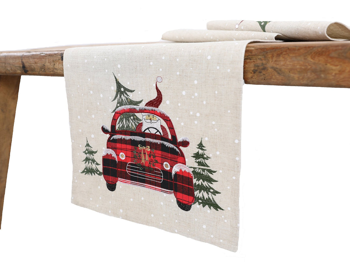 XD19884 Tartan Santa Car Christmas Table Runner 16x36 Linen Blend