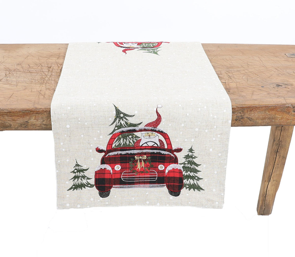 XD19884 Tartan Santa Car Christmas Table Runner 16x36 Linen Blend