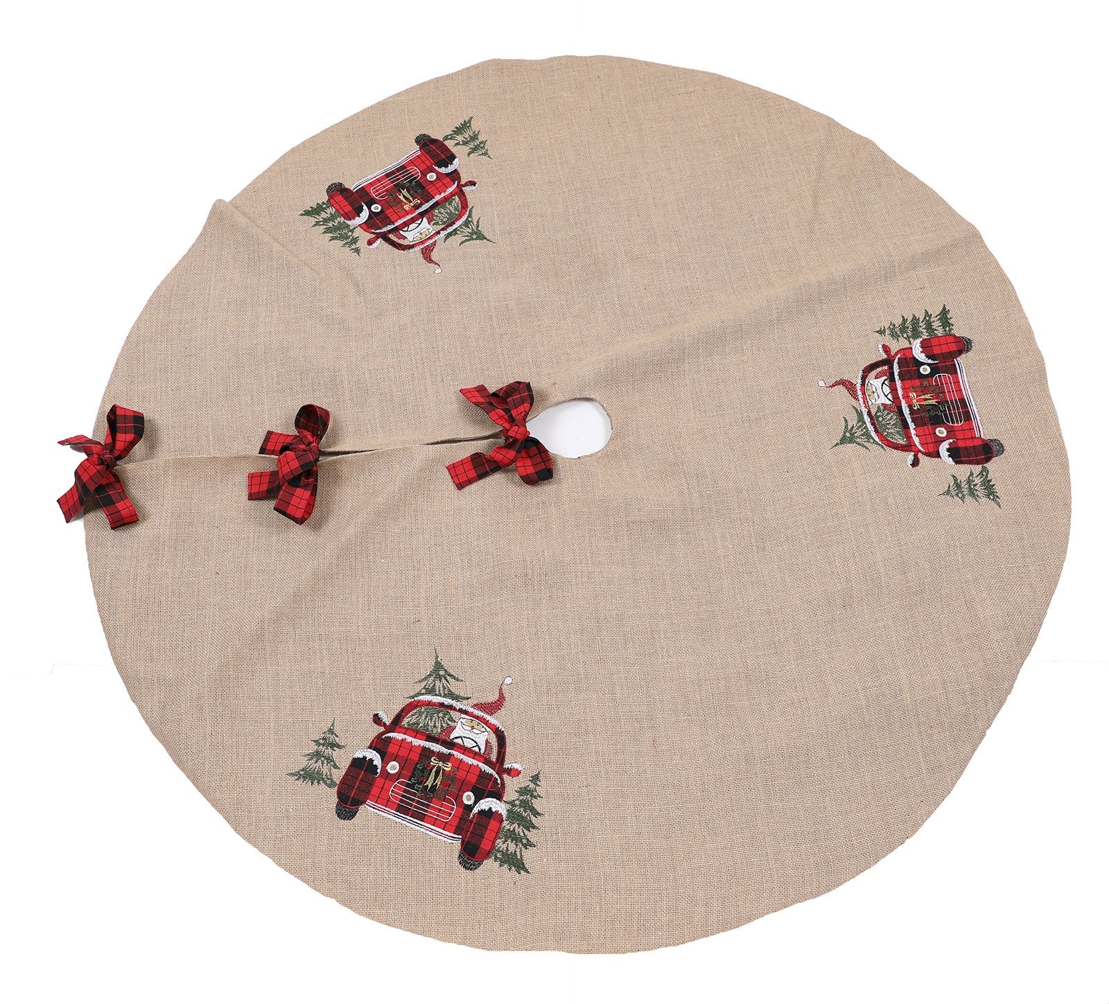 XD19884-Santa Claus Riding On Car Christmas Tree Skirt 56 Inch Round, Jute