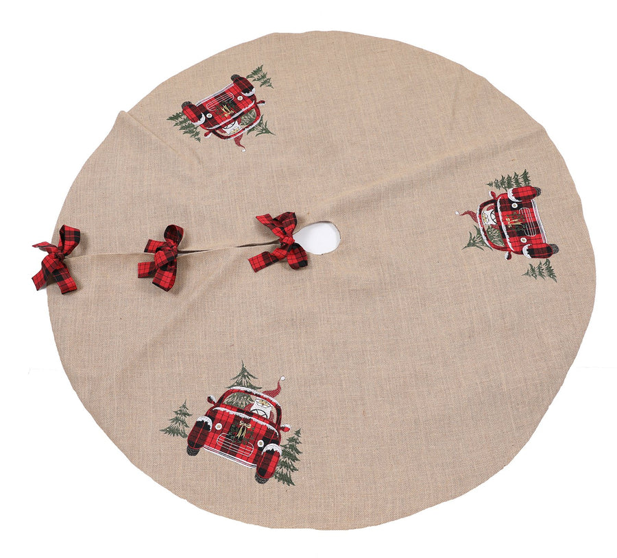 XD19884-Santa Claus Riding On Car Christmas Tree Skirt 56 Inch Round, Jute