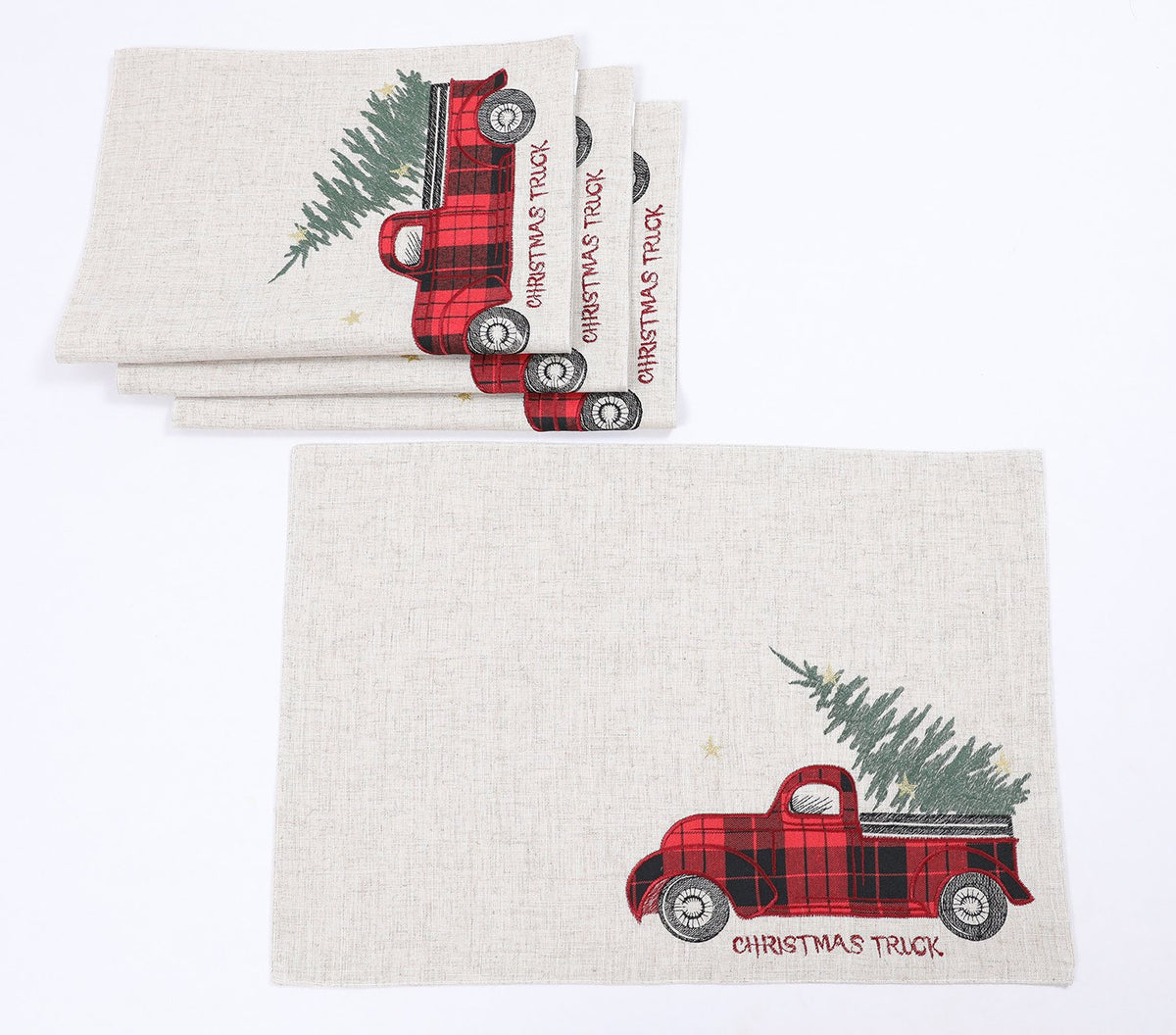 XD19886 Vintage Tartan Christmas Truck Placemats Set of 4 14x20 Linen Blend