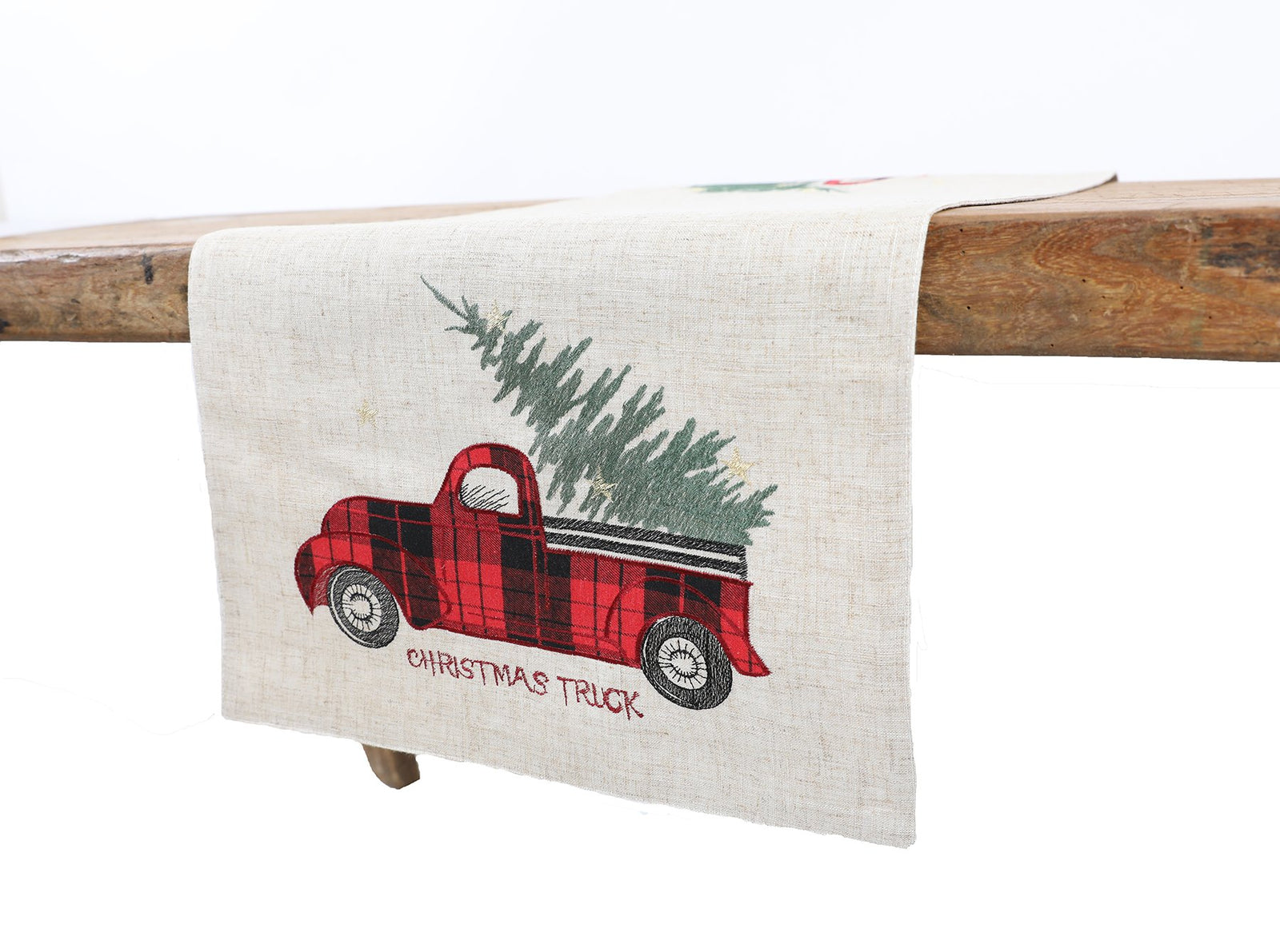XD19886 Vintage Tartan Christmas Truck Table Runner 16x36 Linen Blend