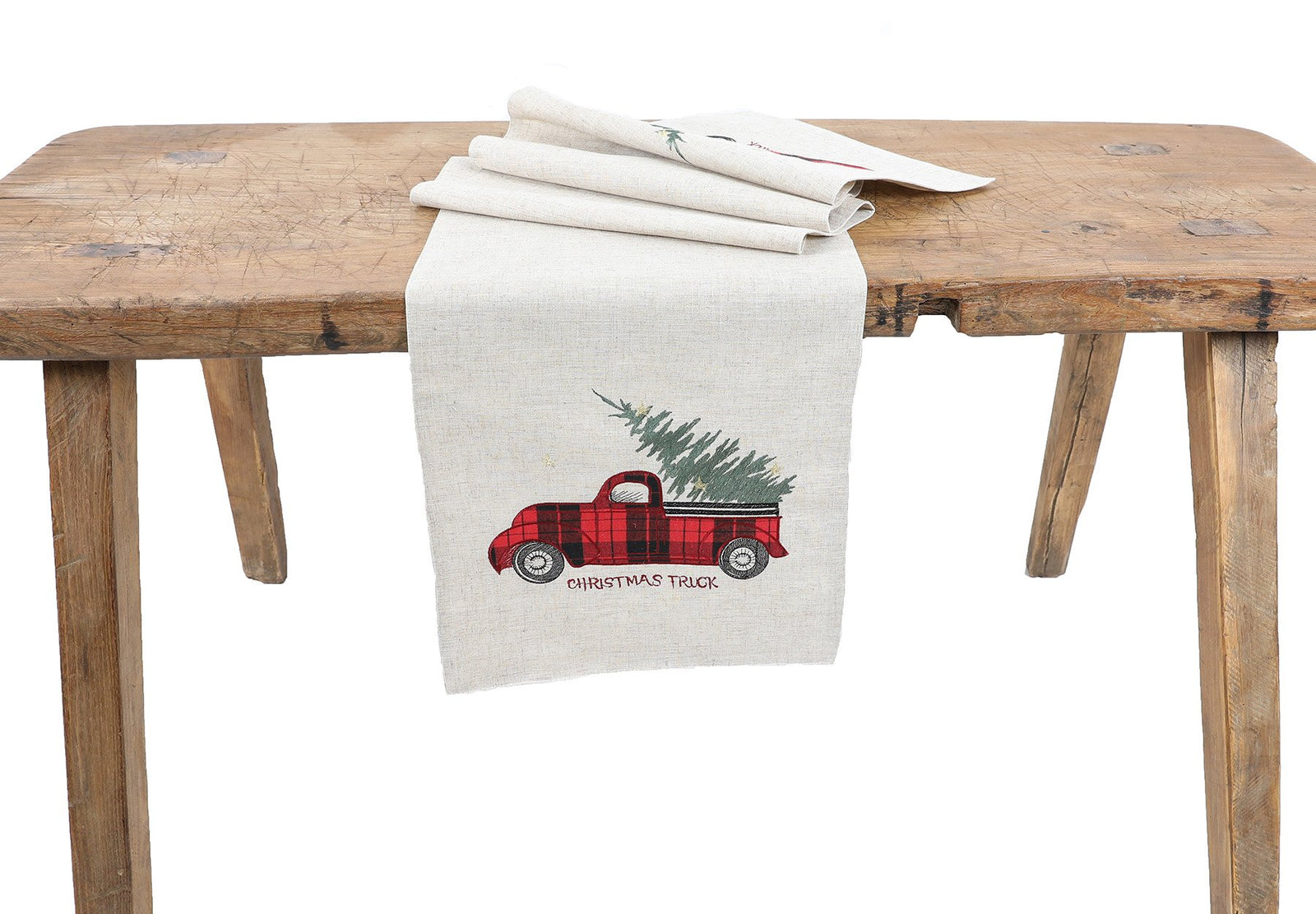 XD19886 Vintage Tartan Christmas Truck Table Runner 16x36 Linen Blend