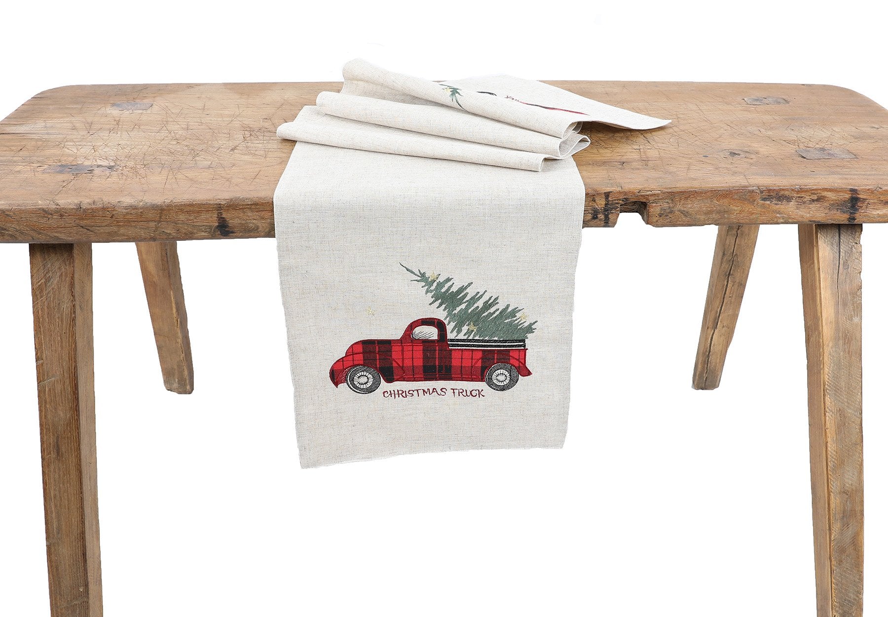 XD19886-Vintage Tartan Truck With Christmas Tree Table Runner