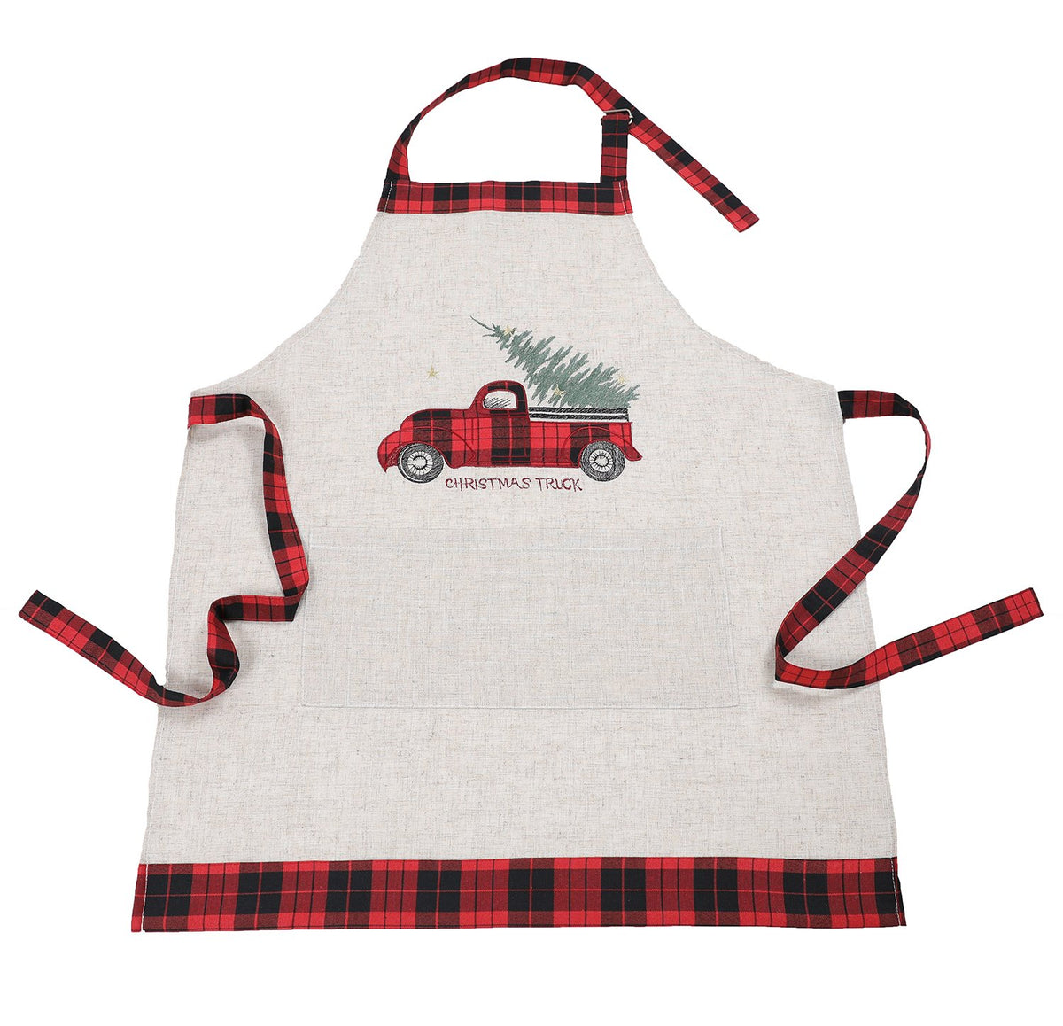 XD19886 Vintage Tartan Christmas Truck Adult Christmas Apron 30x26 Linen Blend