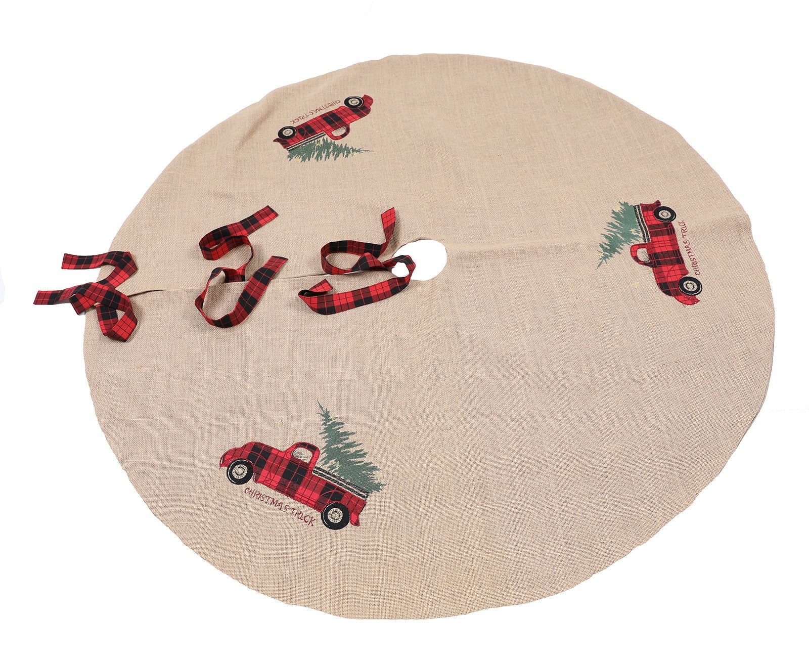 XD19886 Vintage Tartan Christmas Truck Tree Skirt 56 Round Jute