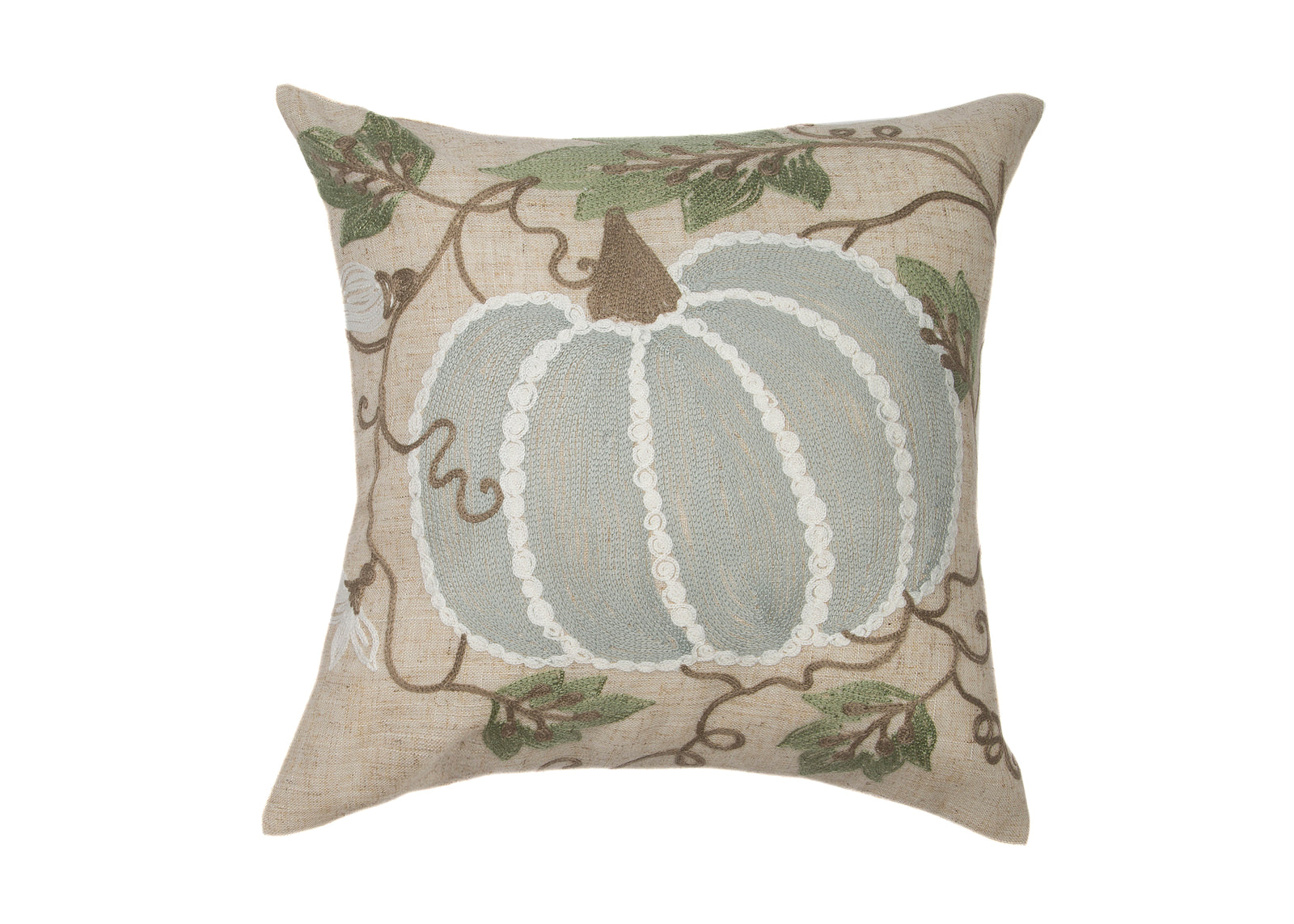 XD21016P1414 Pumpkin & Vines Crewel Embroidered Fall Pillow 14x14 Polyester Linen Blend