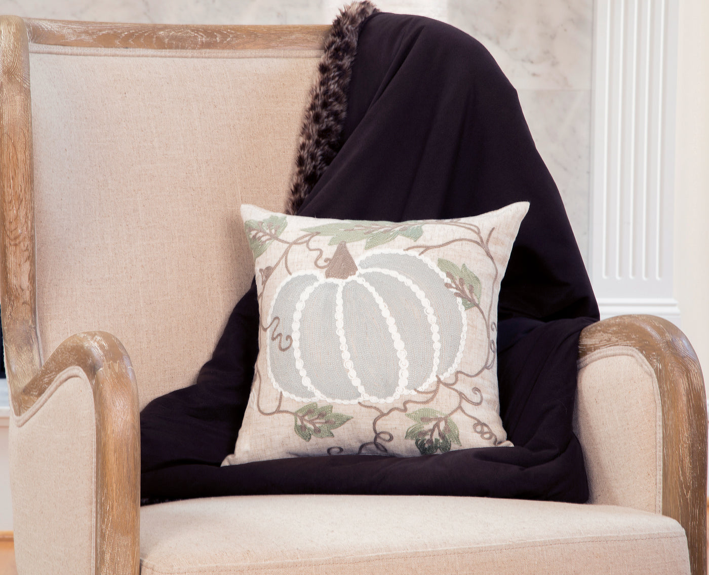 Pumpkin And Vines Crewel Embroidered Fall Pillow, 14"x14"