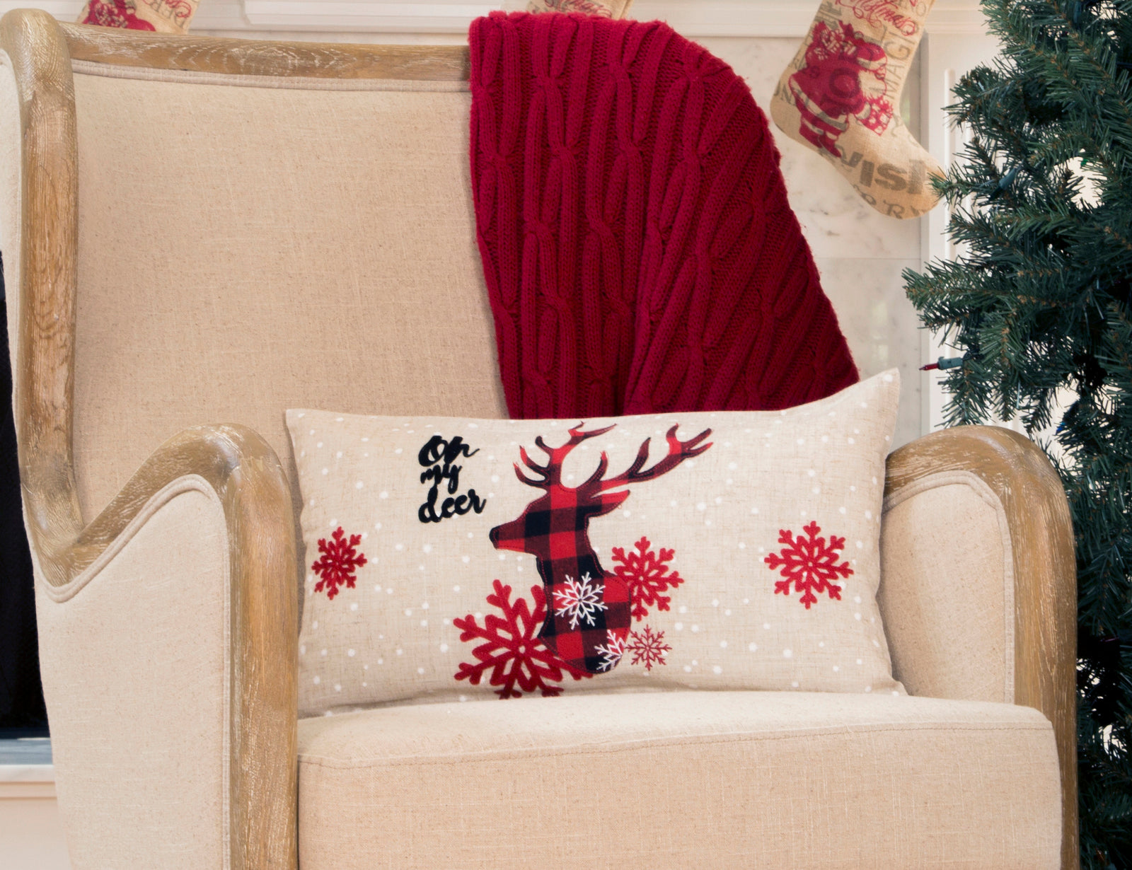 XD21017 Oh My Deer Applique Embroidered Pillow 14x14 Polyester Linen Blend