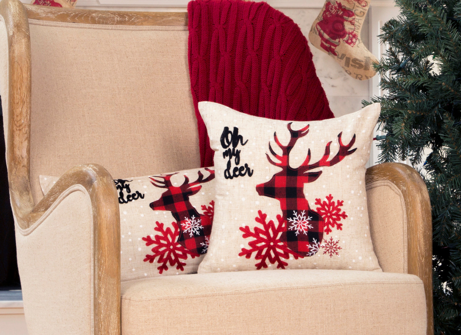 XD21017 Oh My Deer Applique Embroidered Pillow 14x14 Polyester Linen Blend