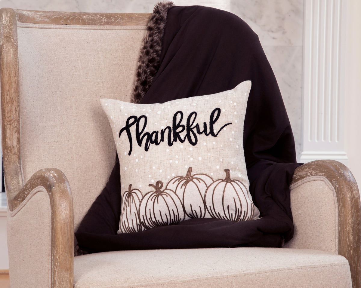XD21018 Thankful Pumpkin Applique Harvest Pillow 14x14 Polyester Linen Blend