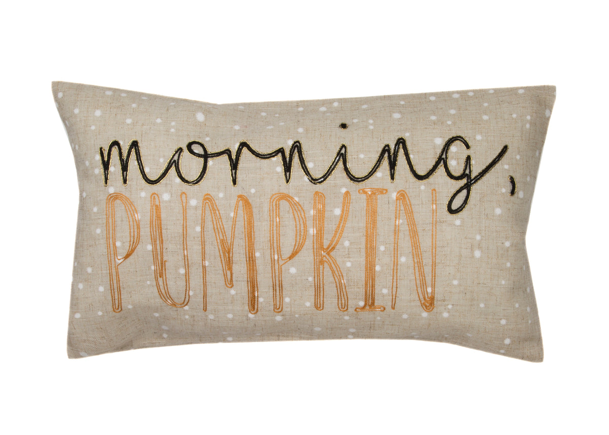 XD21022P1220 Morning Pumpkin Embroidered Harvest Pillow 12x20 Polyester Linen Blend