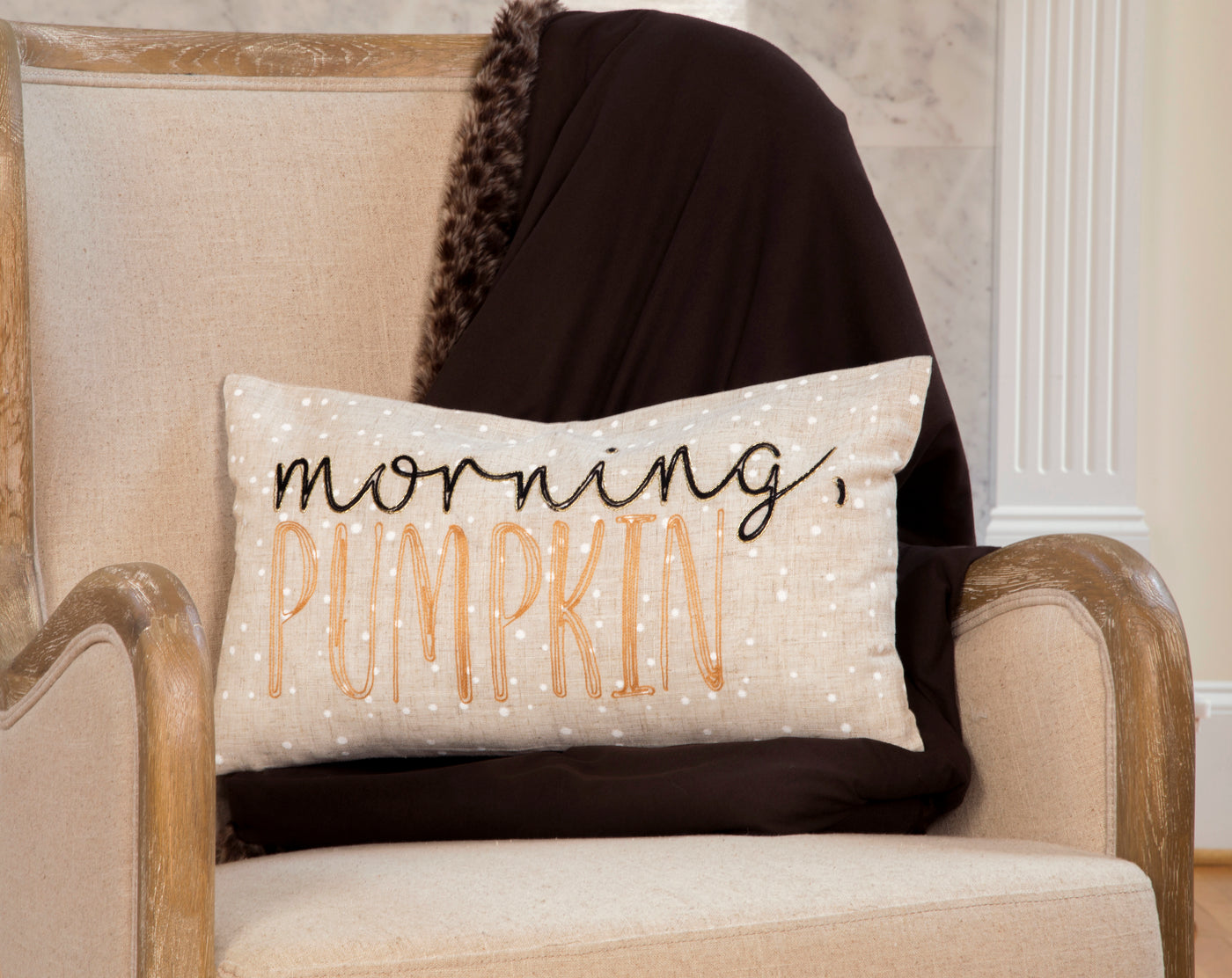 Morning Pumpkin Embroidered Harvest Pillow, 12"x20"