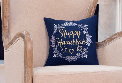 Happy Hanukkah Embroidered Pillow, 14"x14"