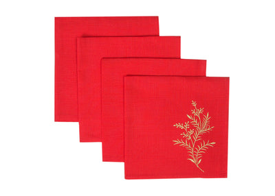 Anne Elegant Branches Embroidered Napkin, Set of 4, 20"x20", Red