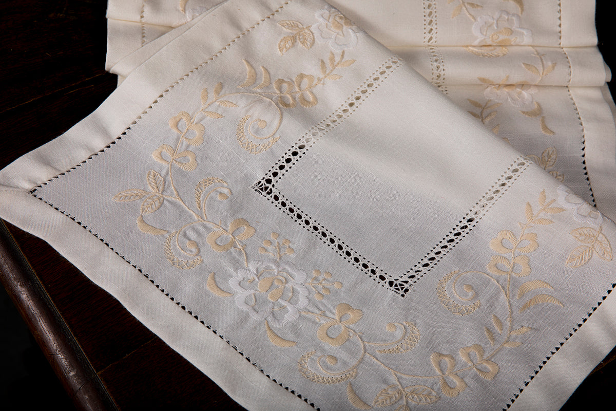 Xia Home Fashions Tone-on-Tone Floral Embroidered Hemstitch Table Runner, White, 15x54