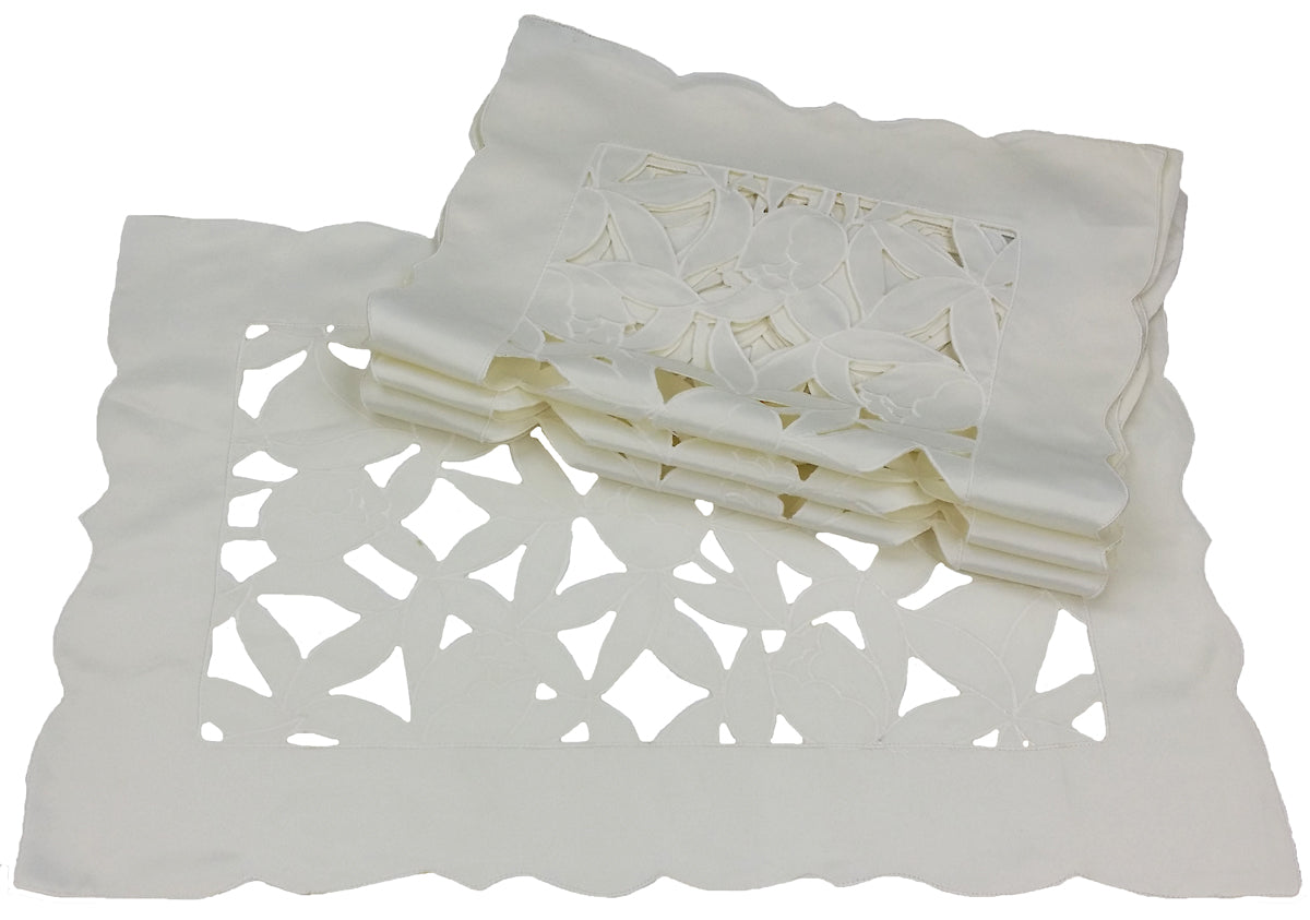 Xia Home Fashions Tulip Bouquet Cutwork Placemats Set of 4 12x18 White