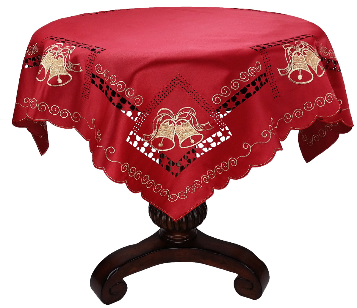 XD40032 Holiday Bells Embroidered Scalloped Table Topper 36x36 Red Poliviscose