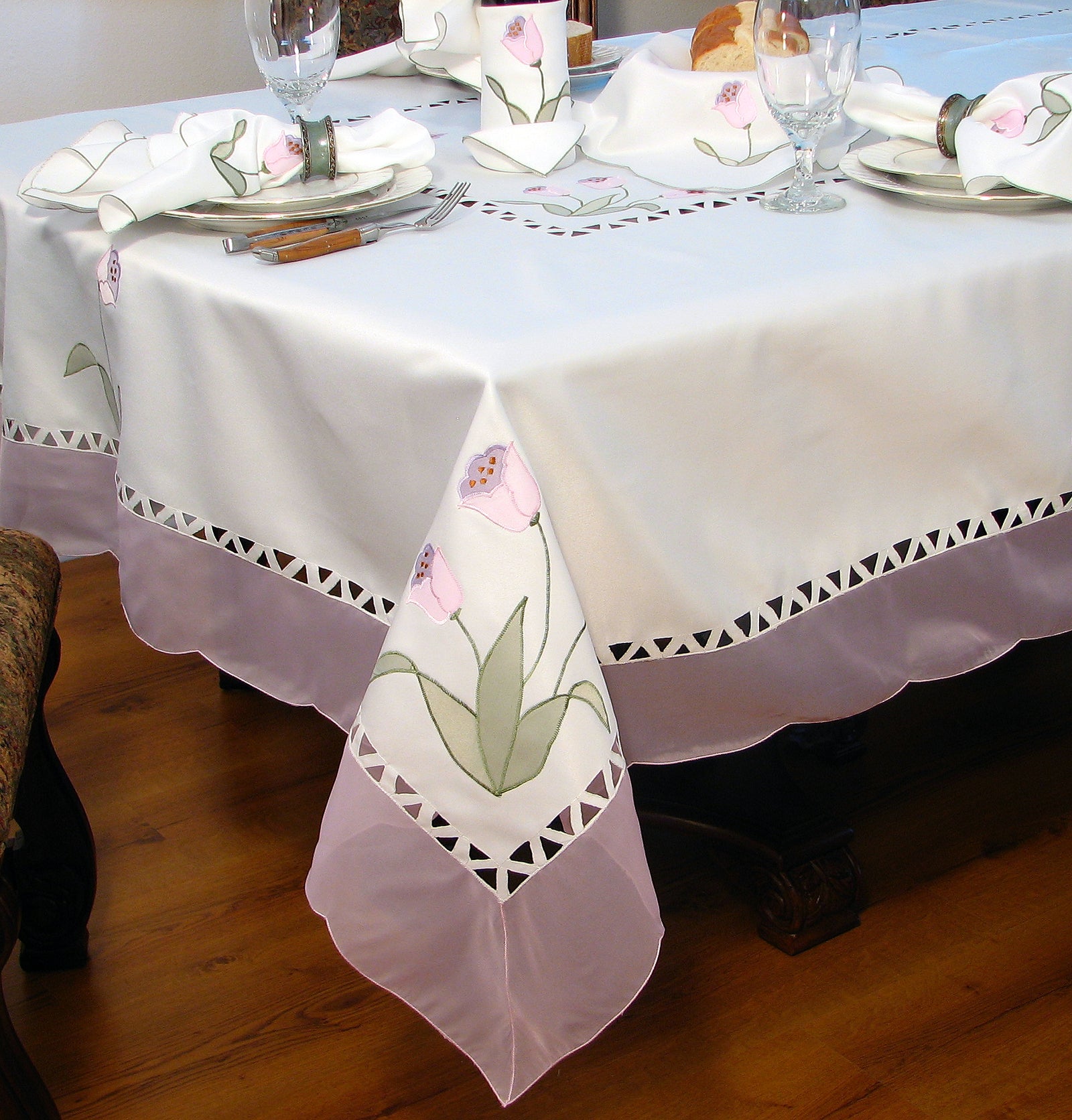 Xia Home Fashions Tulip Embroidered Cutwork Sheer Trim Table Runner 15x54 Lilac