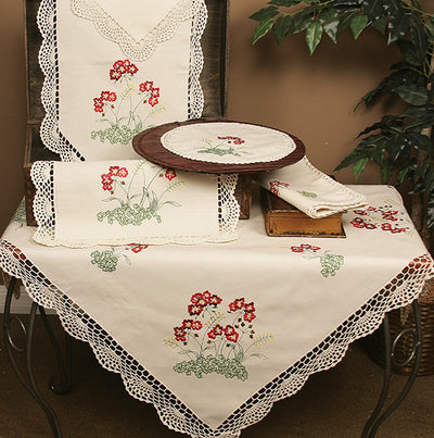 Xia Home Fashions Embroidered Floral Crochet Trim Round Doilies 12" Set of 4 Beige