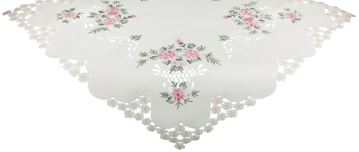 Xia Home Fashions Bloom Rose Table Topper Embroidery Cutwork 34x34 White