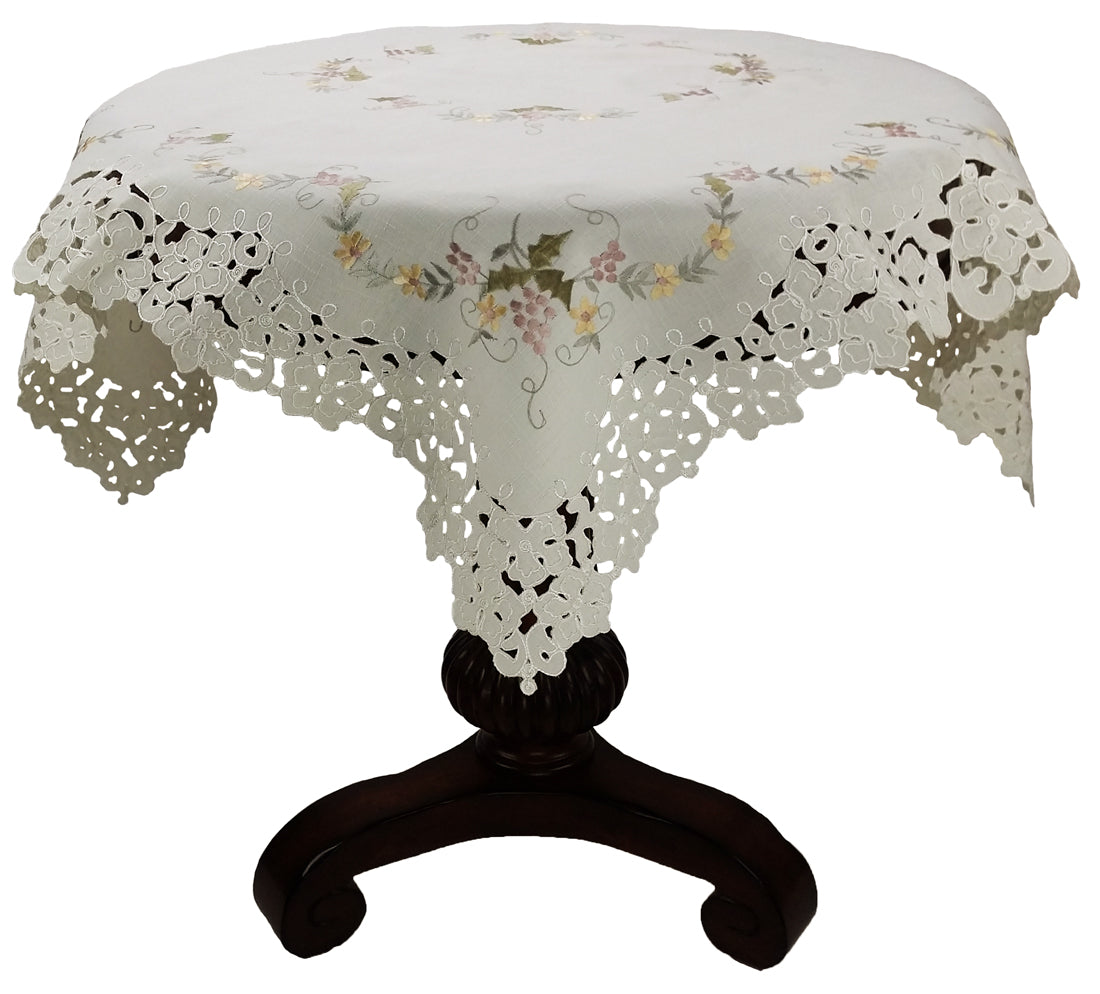Xia Home Fashions Bordeaux Floral Vine Table Topper Embroidery Cutwork 34x34 Ivory