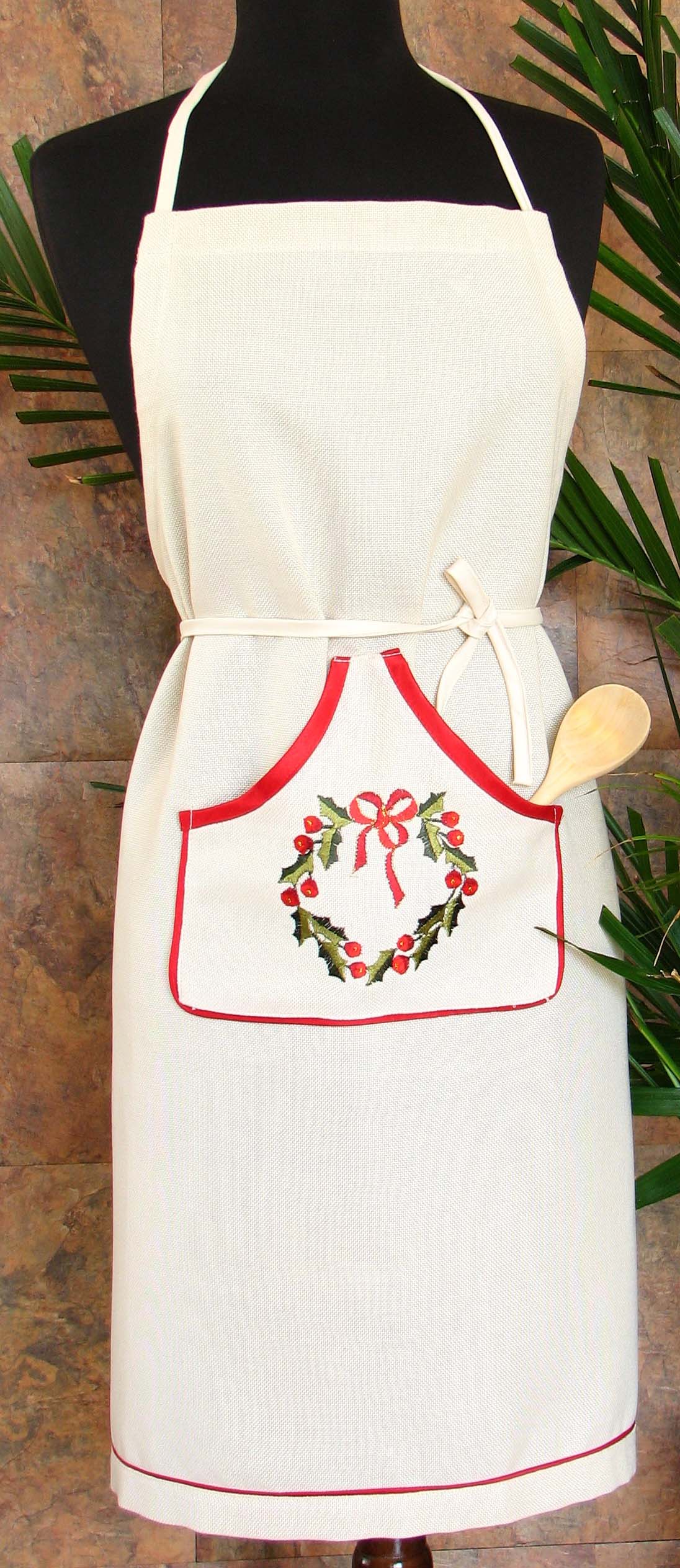 XD68022 Country Wreath Embroidered Apron 28x34 White Poliviscose