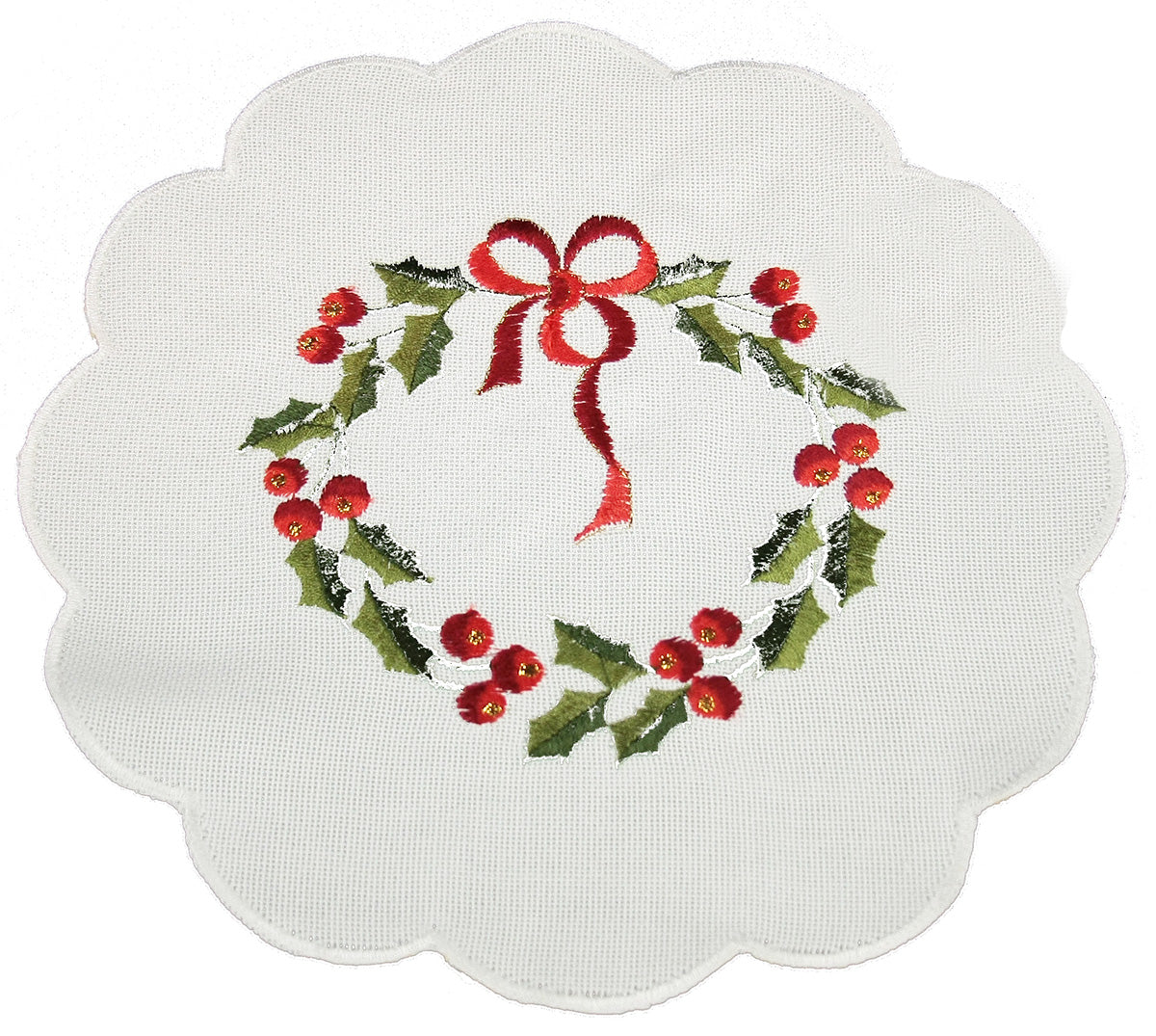 XD68022 Country Wreath Embroidered Doilies Set of 4 8 Round White Poliviscose