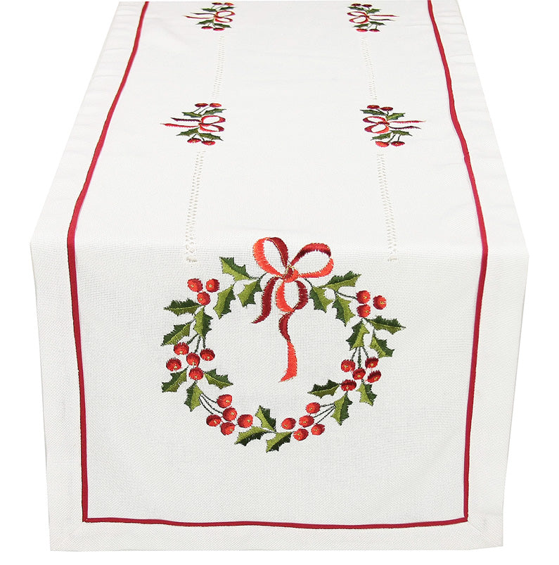 XD68022 Country Wreath Embroidered Mini Table Runner 12x28 White Poliviscose