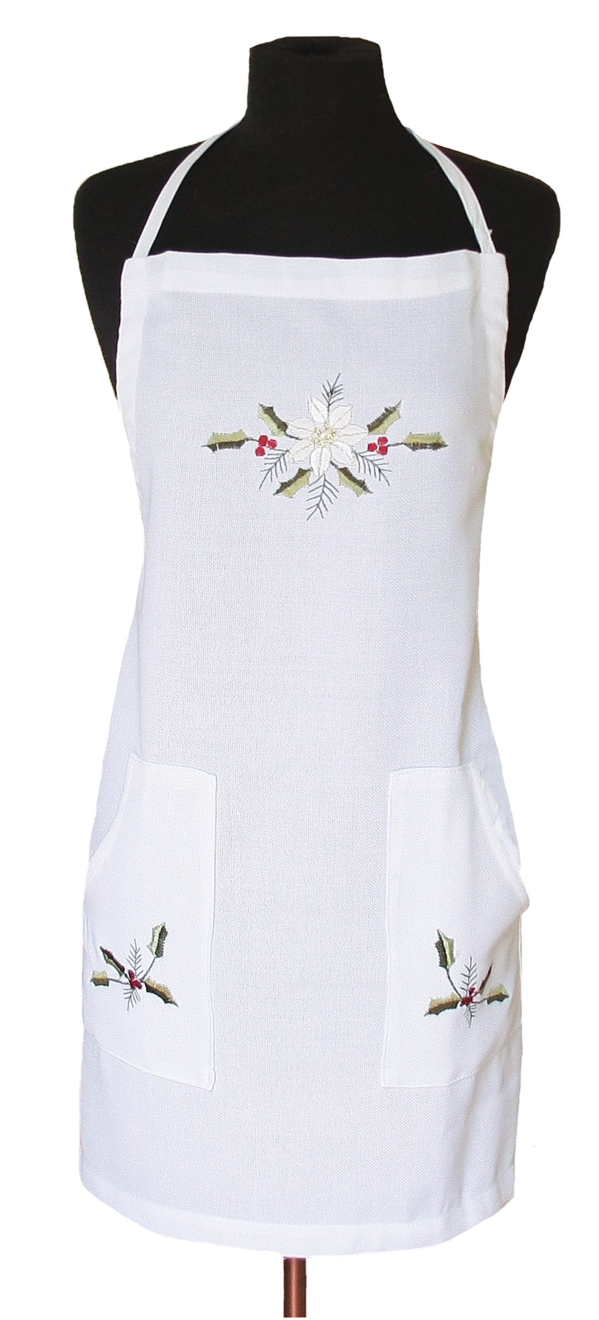 XD68036 Country Poinsettia Embroidered Apron 28x34 White Poliviscose
