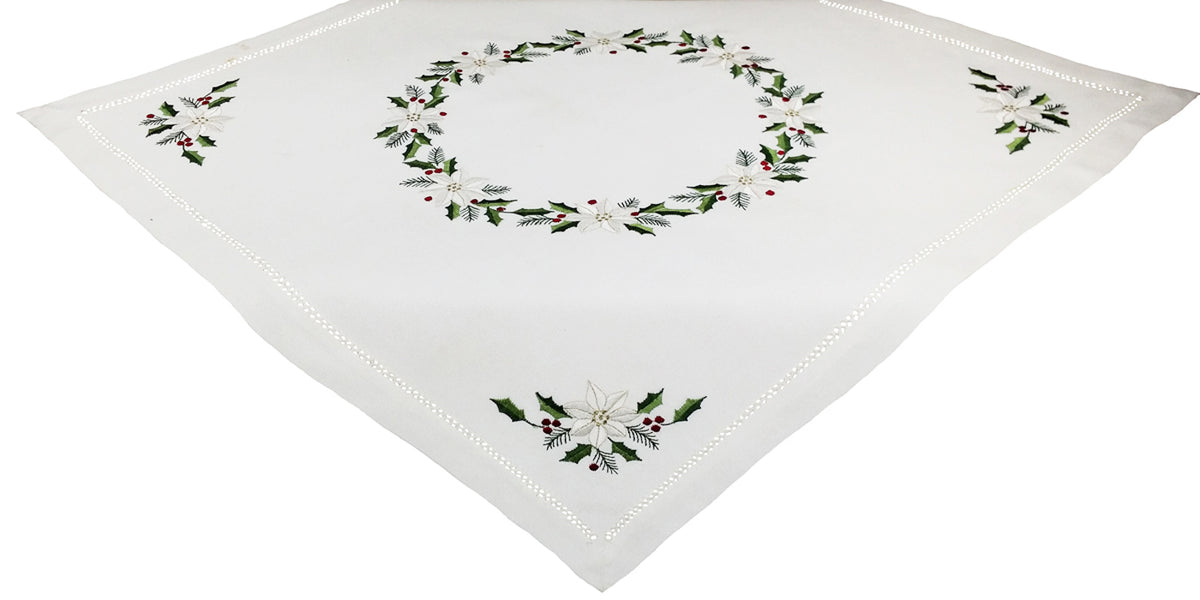 XD68036 Country Poinsettia Embroidered Table Topper 36x36 White Poliviscose