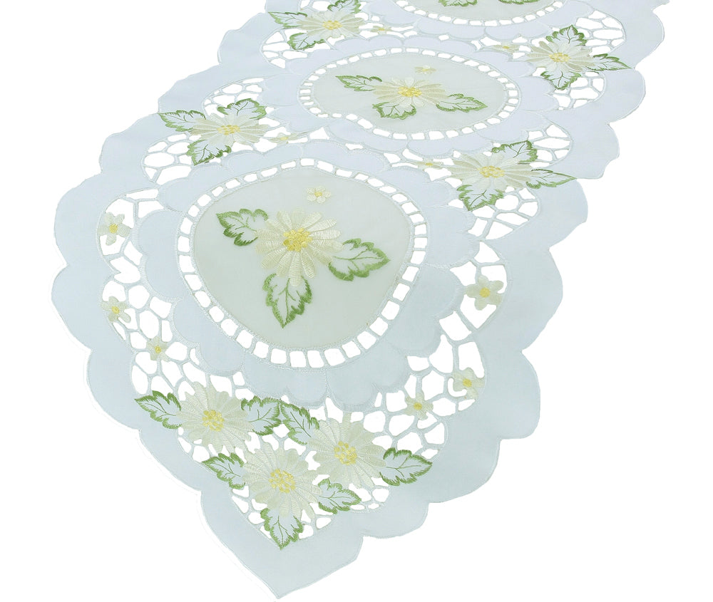 XD75029-Elegant Daisy Poliviscose Embroidered Cutwork Mini Table Runner 12x28