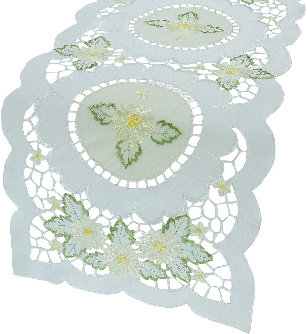 XD75029-Elegant Daisy Poliviscose Embroidered Cutwork Mini Table Runner 12x28