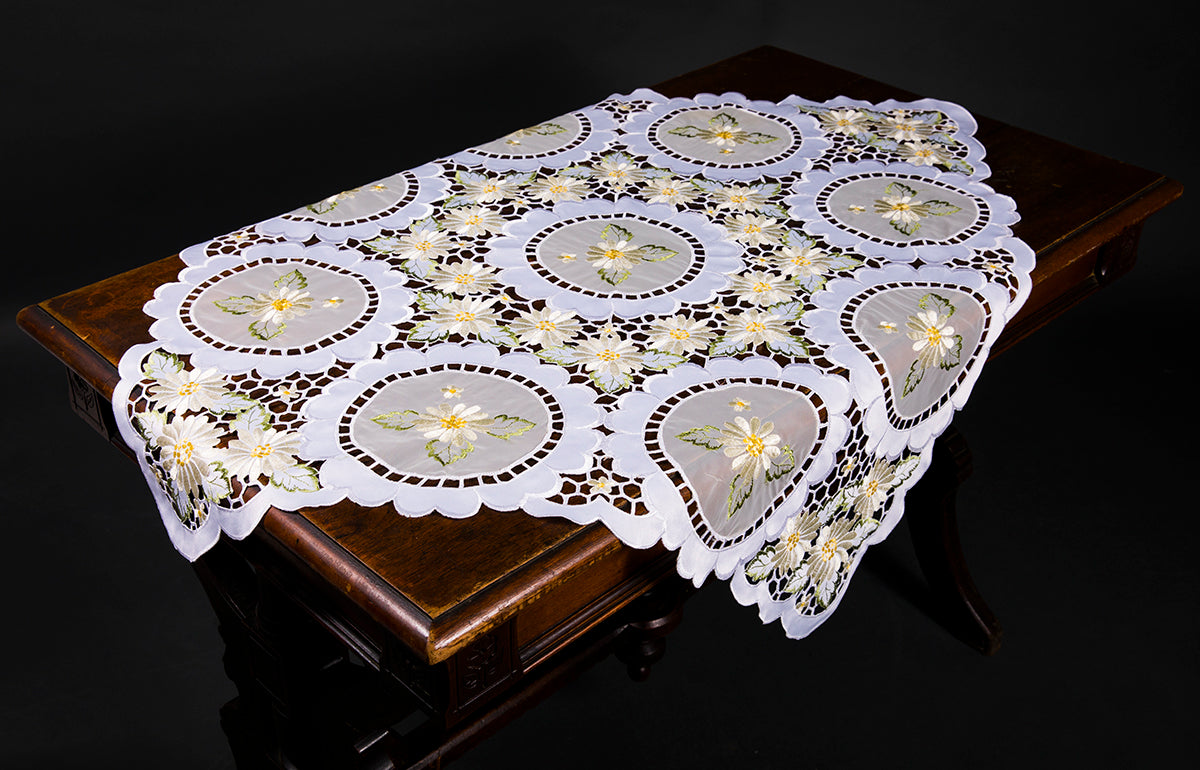 XD75029-Elegant Daisy Poliviscose Embroidered Cutwork Table Topper 34x34