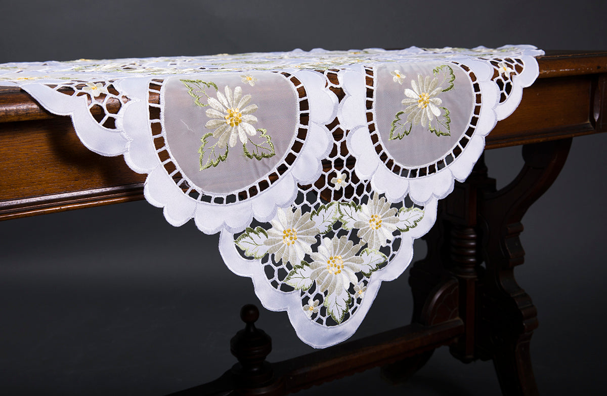 XD75029-Elegant Daisy Poliviscose Embroidered Cutwork Table Topper 34x34