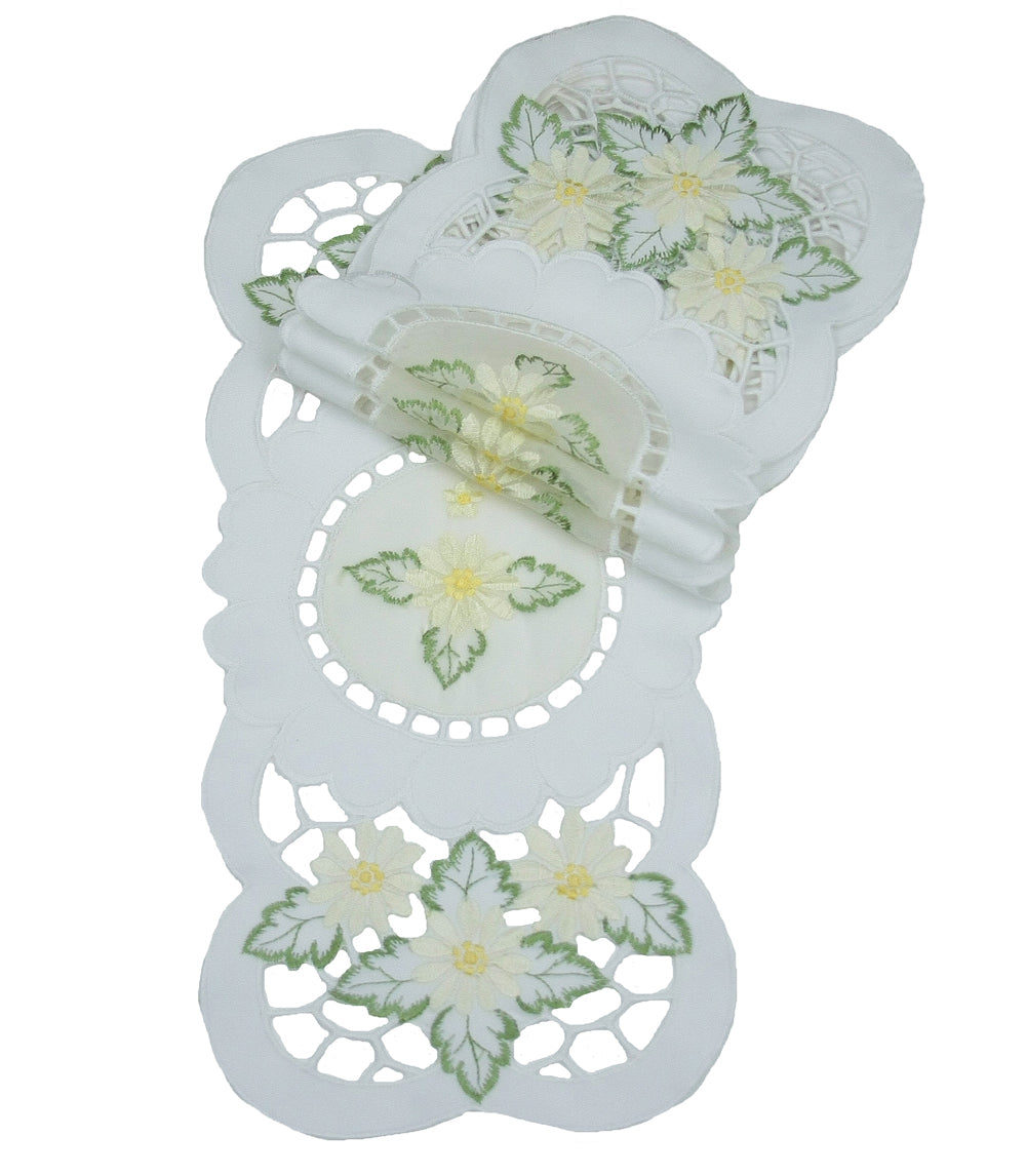 XD75029-Elegant Daisy Poliviscose Embroidered Cutwork Traycloths Set of 4 8x15