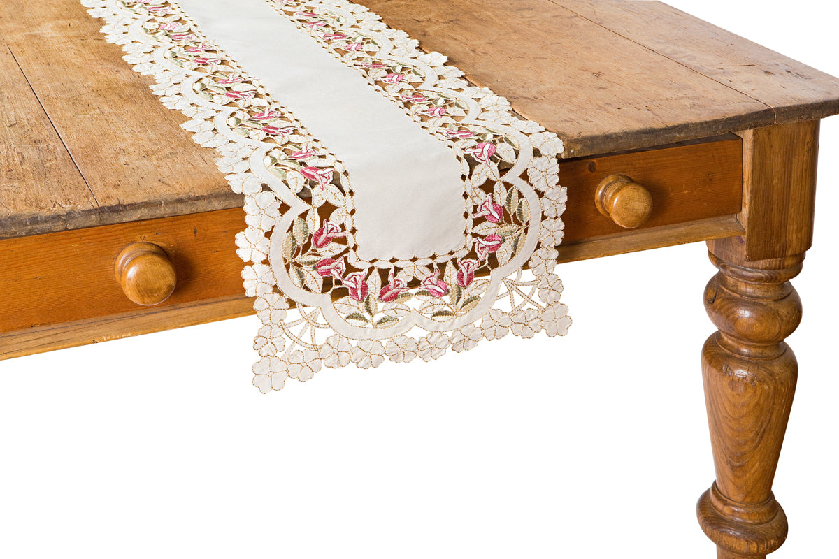 XD766001-Rose Garden Poliviscose Table Runner Embroidered Floral Cutwork 15x54 Cream