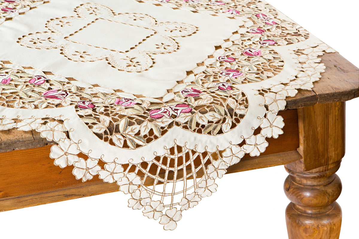 XD766001-Rose Garden Poliviscose Table Topper Embroidered Floral Cutwork 34x34 Cream